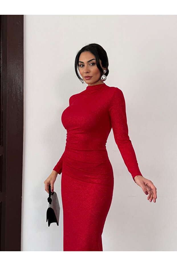 Simli Drape Detay Elbise - 3