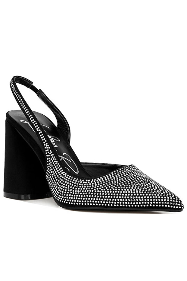 Women Rhinestone Embellished Suede Heel Sandals in Black