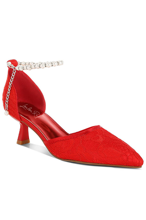 Women Lace Kitten Heel Sandals in Red