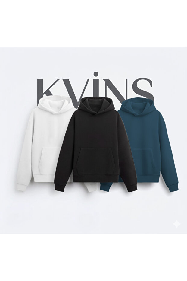 3-Piece White, Black and Petrol Blue Cotton Basic Unisex Oversized Hooded Sweatshirt Set