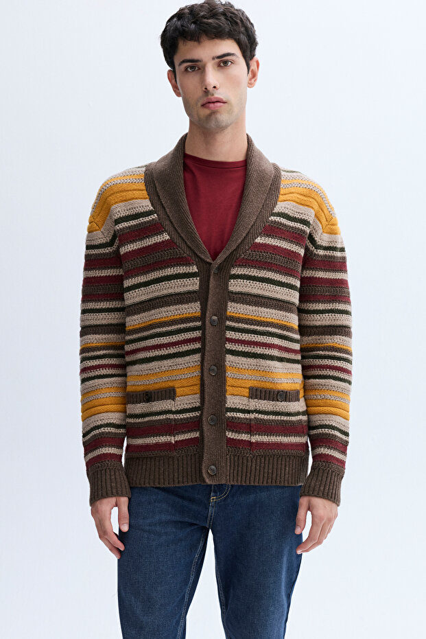 Men's Brown Striped Shawl Collar Oversize Wool Cardigan