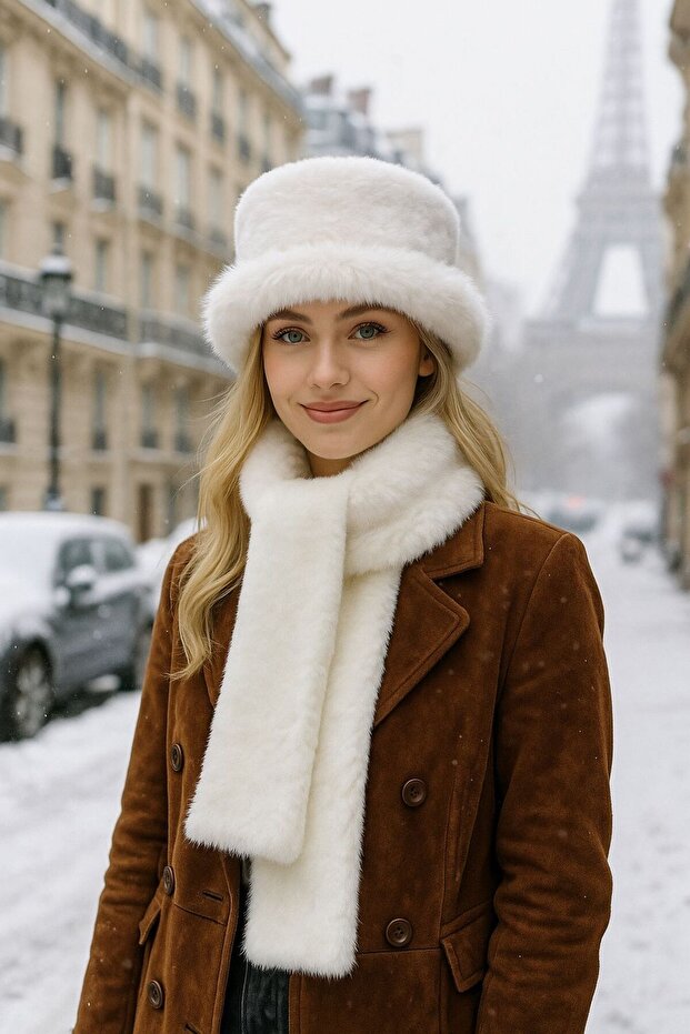 White Soft Textured Plush Kalpak Hat Neck Collar Set of 2