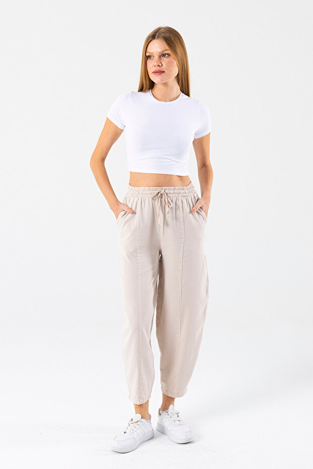 Women's Elastic Waist Double Pocket Balloon Pants Stone - 25Y Yp5456