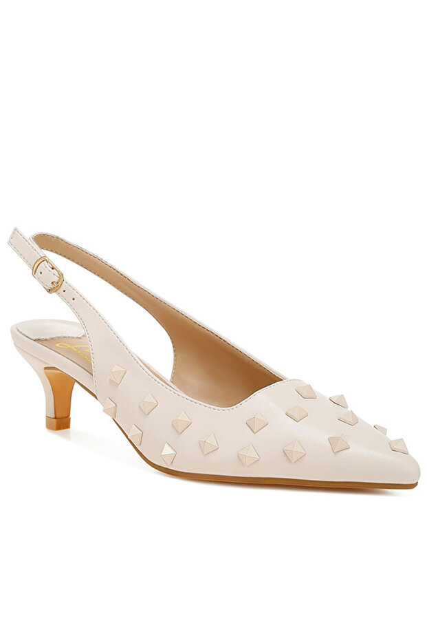 Women Stud Embellished Kitten Heels in Beige