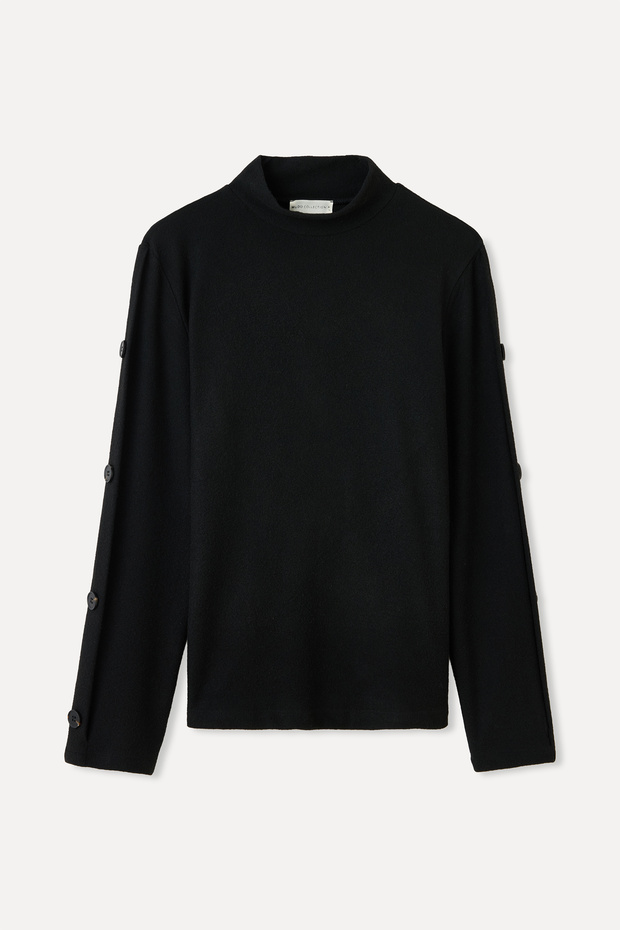Women's Black Stand Collar Button Detailed Sweater