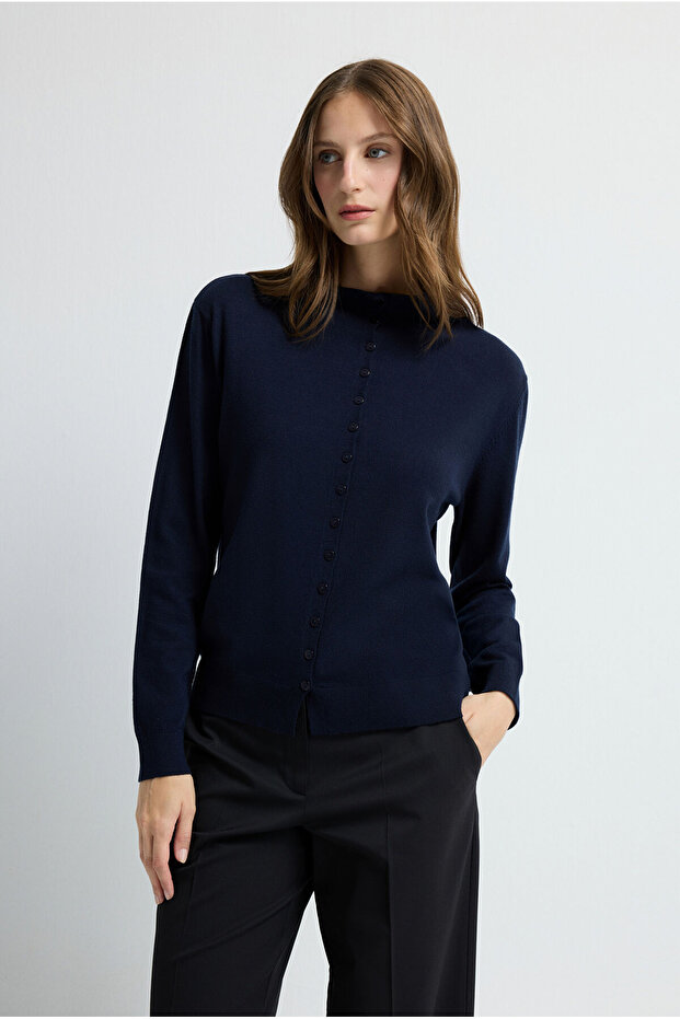 Dik Yaka Düğmeli Triko Hırka - 5