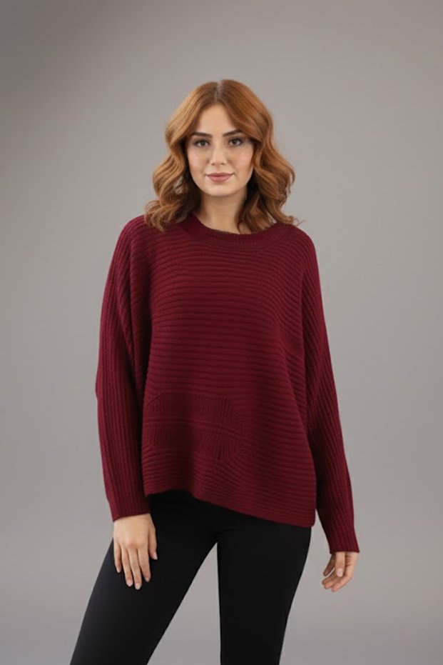 Women's Boat Neck Oversized Batwing Sleeve Knitwear Sweater Burgundy