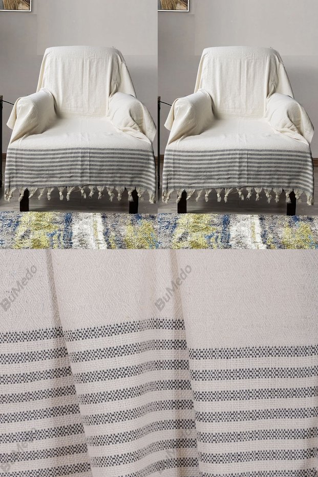Buldan İşi Cotton 2-Piece Armchair Cover Set 180X150 cm - Woven Fabric Covering the Arms - Cream Gray