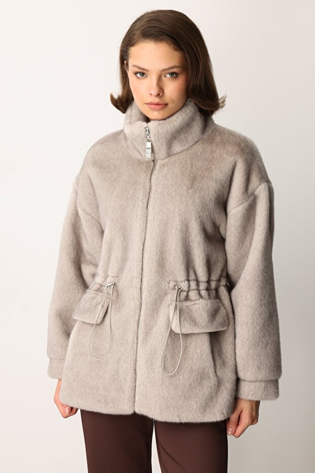 ياقة مرتفعة متوسطة الطول معطف قطيفة - 1