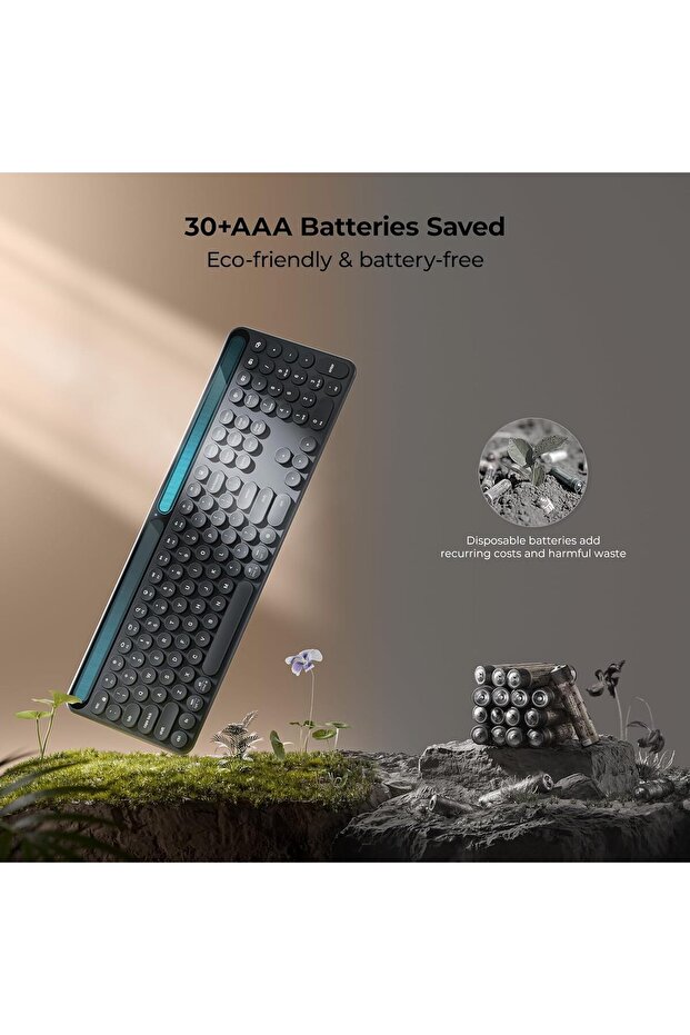 BK60 Solar Bluetooth Keyboard, Full-Size, 3-Device, Silent Scissor Keys, Numeric Keypad - 3