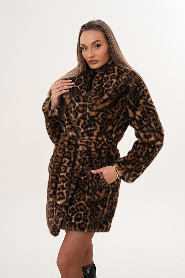 Midi Length Mink Leopard Coat - 4