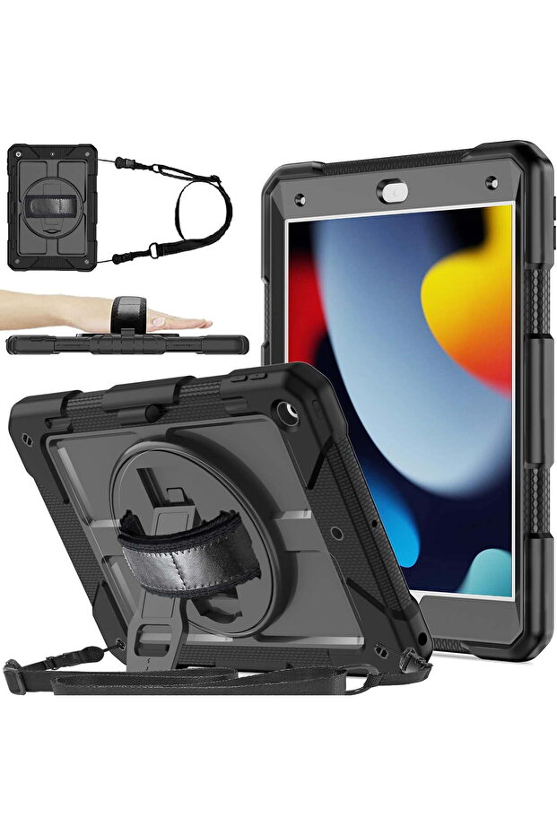 iPad 10.2 Case (7th/8th/9th Gen) Hybrid Shockproof with 360 Rotating Stand, Hand Strap, Pencil