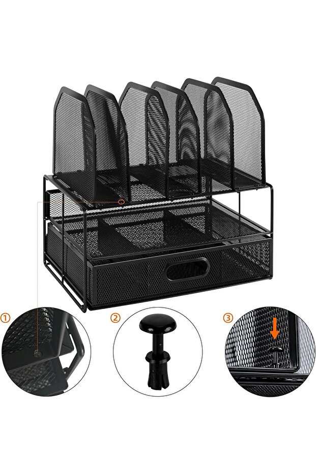 Mesh Desk Organizer with Sliding Drawer, Double Tray and 5 Vertical Sections, Black - 2