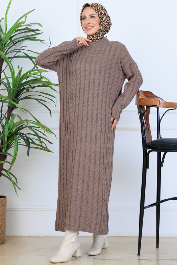 Knitted Patterned Knitwear Dress N7082 Mink