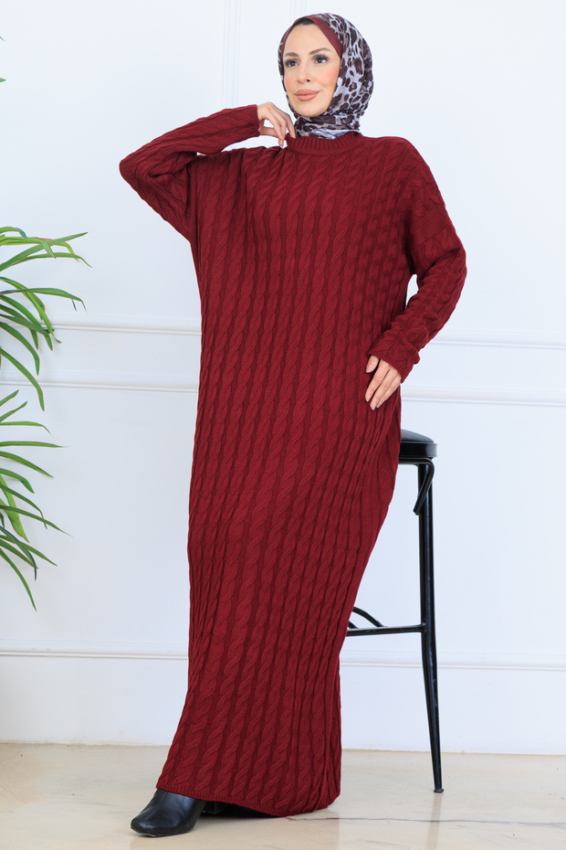 Knitted Patterned Knitwear Dress N7082 Claret Red