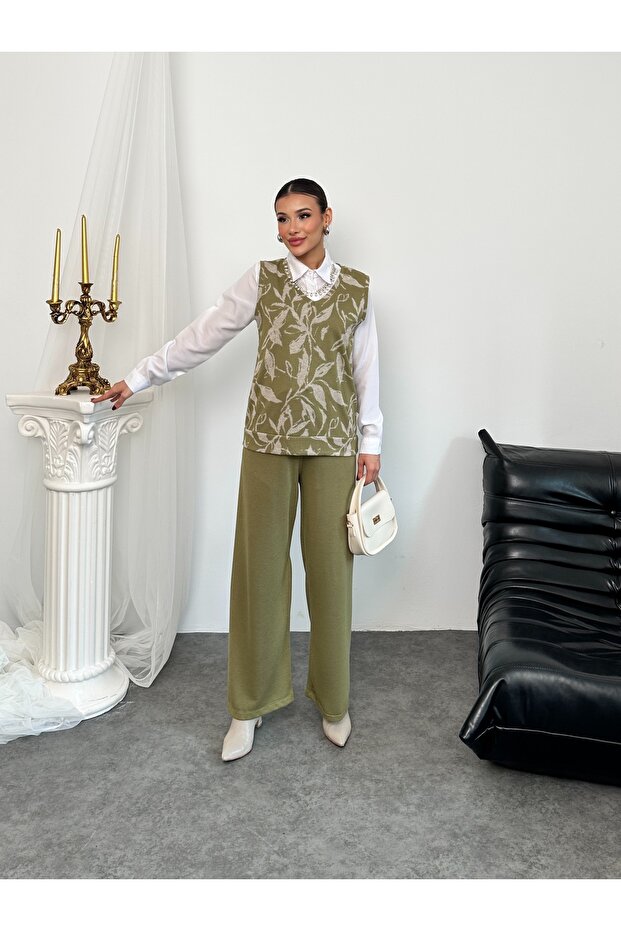Pearl Necklace Detailed Sweater and Shirt Three-Piece Set Khaki - 5009