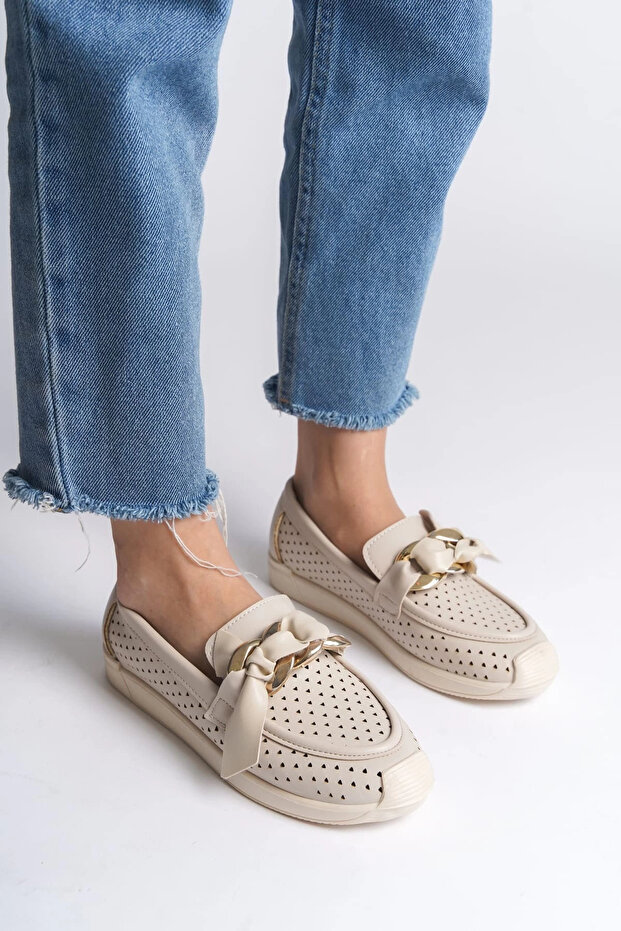 Lydia Laceless Orthopedic Comfortable Sole Heart Patterned Women's Ballerina Shoes Ckt - Cream