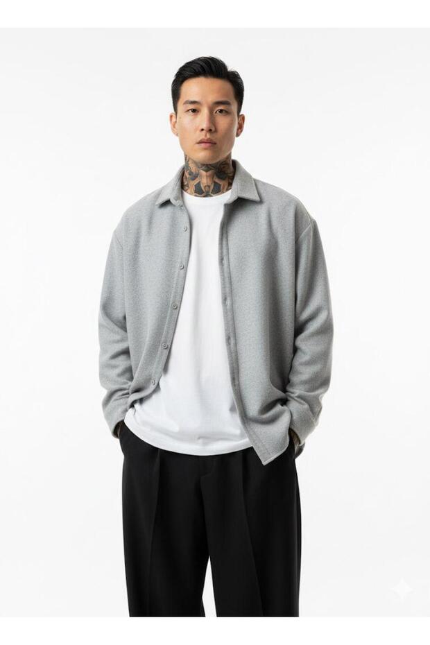 Erkek Kışlık Basic Oversize Gri Oduncu Kaşe Ceket - 2