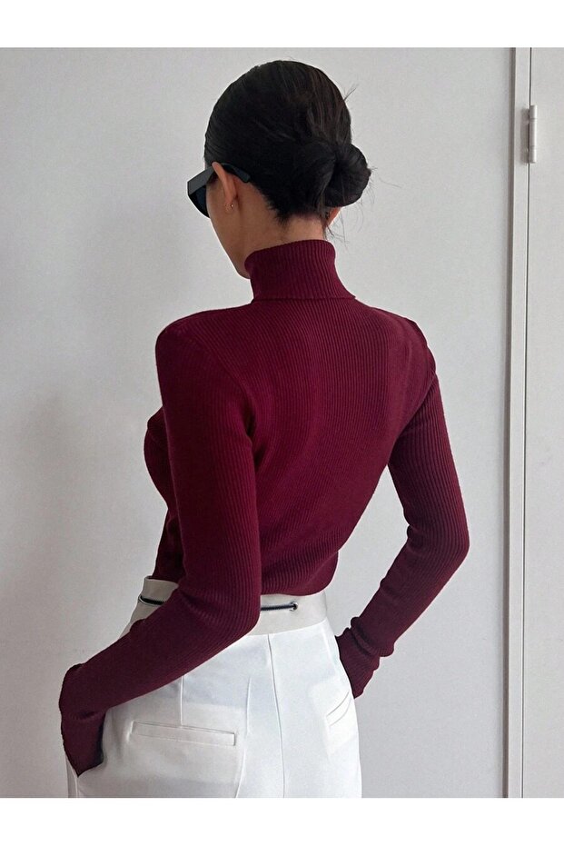 Kadın Uzun Kollu Boğazlı Fitilli Basic Bluz - 6