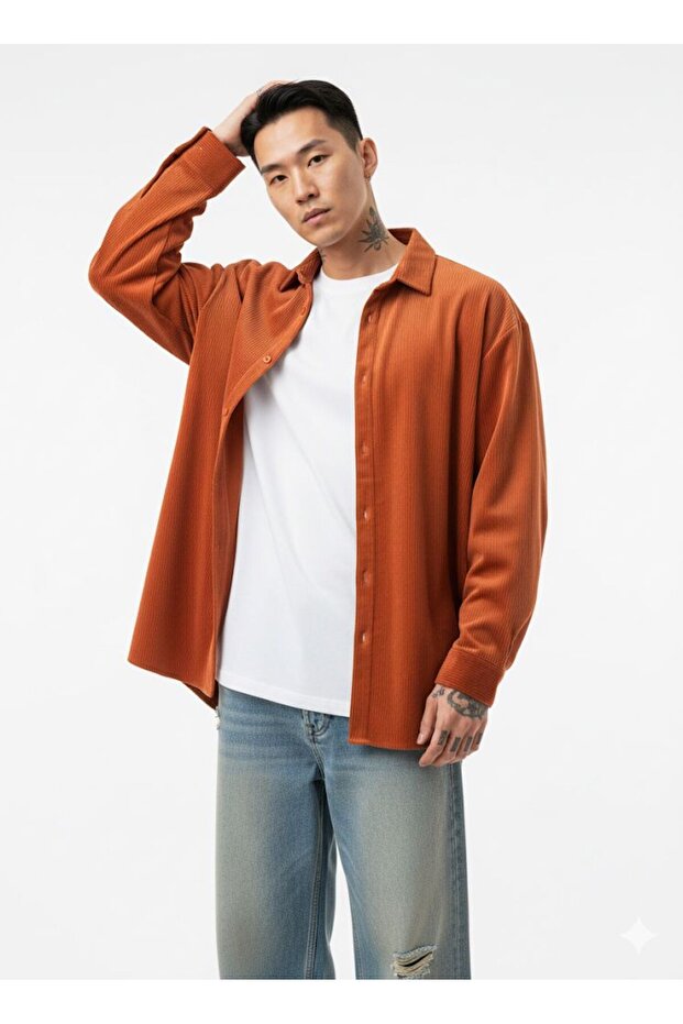 Erkek Trend Fitilli Basic Kiremit Oversize Kadife Ceket - 2