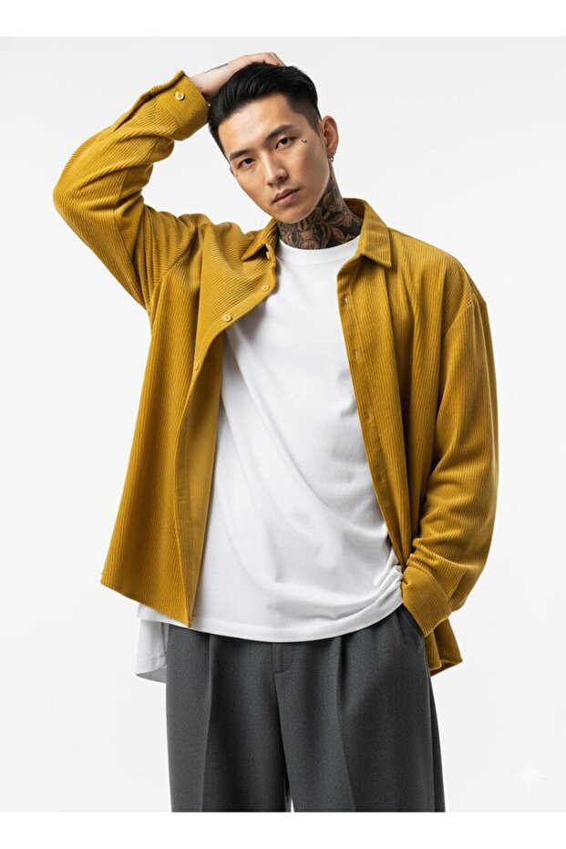 Erkek Trend Fitilli Basic Hardal Oversize Kadife Ceket - 3