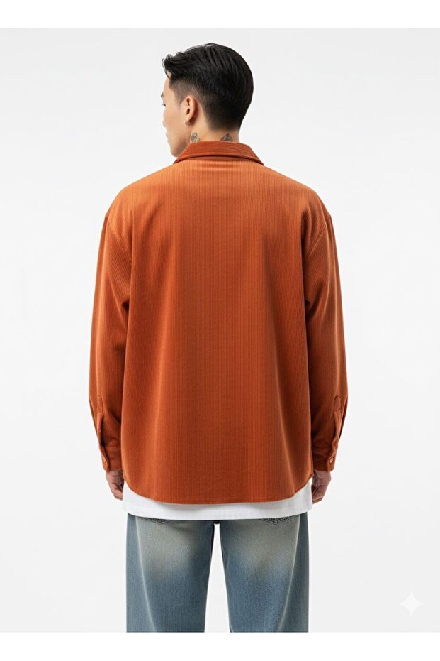 Erkek Trend Fitilli Basic Kiremit Oversize Kadife Ceket - 5