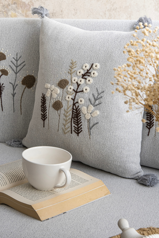 Peony Gray Embroidered Tasseled Bohemian 2-Piece Throw Pillow Cover 45X45Cm