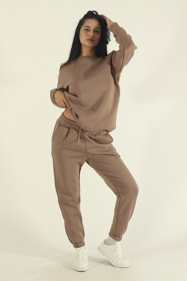Women's Brown Winter Cotton Puff Fabric Crew Neck Jogger Tracksuit Set