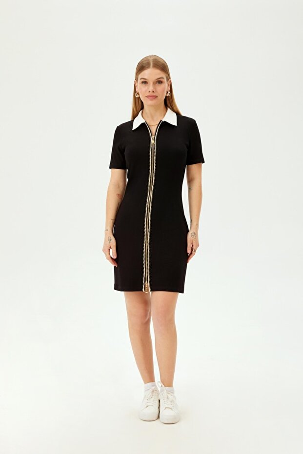 Zippered Contrast Collar Slim Fit Black Dress