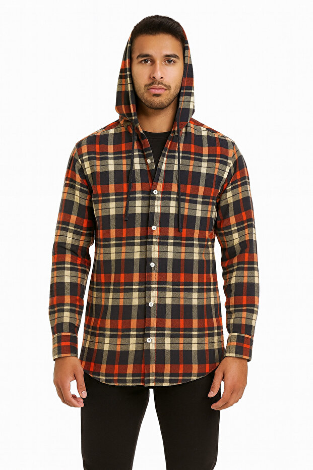 Men's Checkred Hoodie Shirt - Orange
