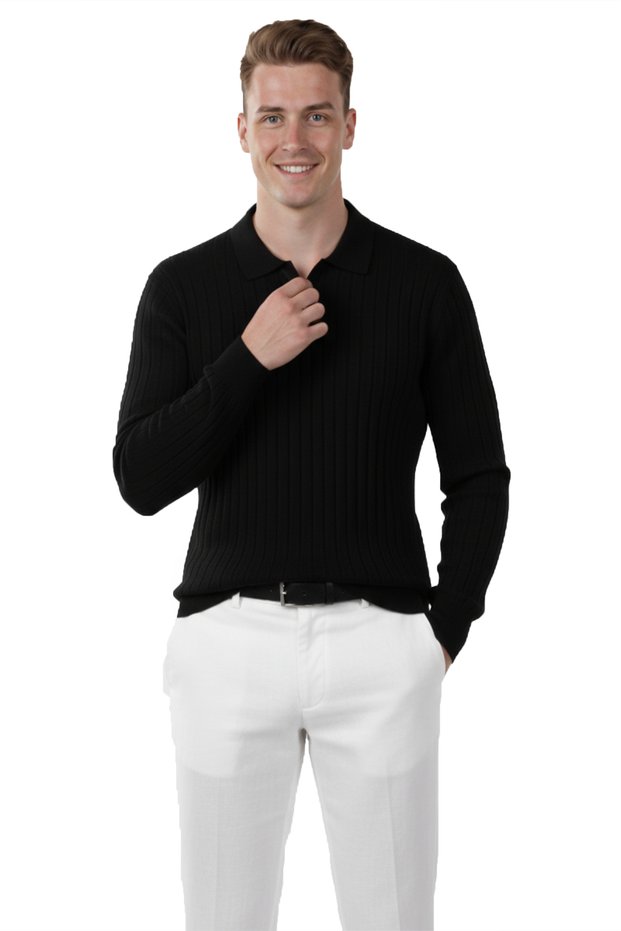 Men's Black Polo Neck Corded Fabric Knitwear Sweater – 100% Cotton, Flexible Texture, Modern Fit 2605305
