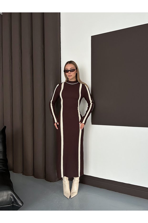 Women's Brown Crew Neck Striped Detail Long Dress