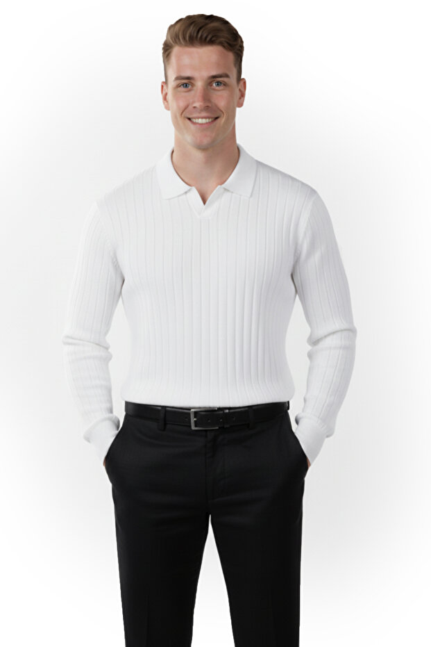 Men's White Polo Neck Corded Fabric Knitwear Sweater – 100% Cotton, Flexible Texture, Modern Fit 2605305