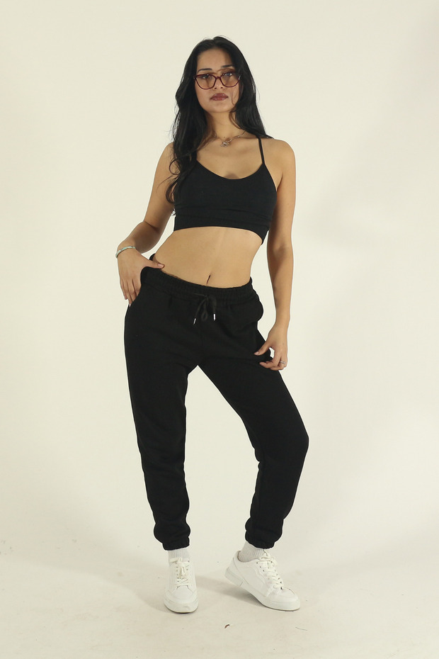Women's Black Winter Cotton Puff Fabric Waist Elasticated Jogger Sweatpants