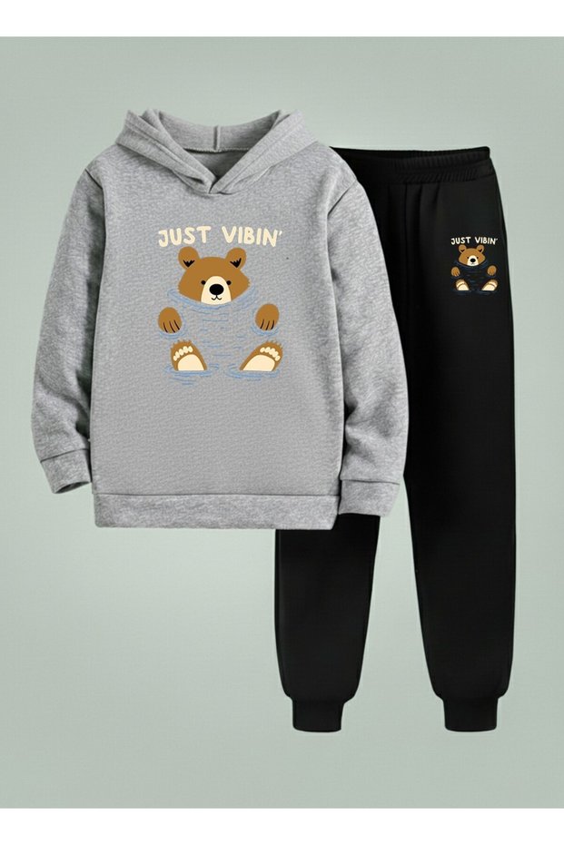 Sweatshirt - Tracksuit Set Children Hooded Set Keyifci Bear Ba Printed Threaded Raised Letters