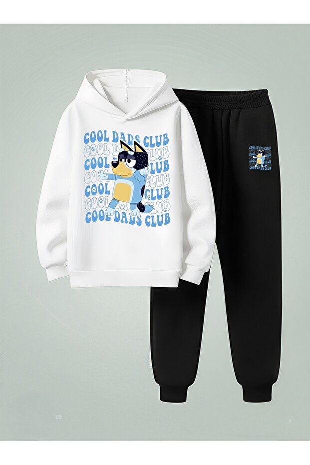 Children Hooded Set Cool Dads Printed 3 Thread Ş Fleece-Lined Sweatshirt - Sweatpants Set