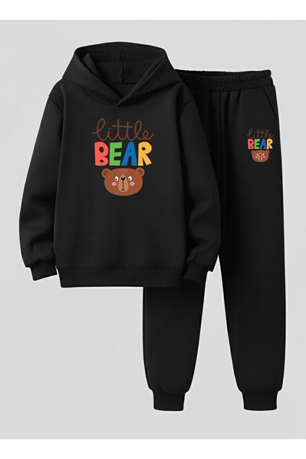 سترة رياضية للأطفال - طقم رياضي بغطاء رأس طقم LİTTLE BEARS B مطبوع 3 Thread Shardonlu