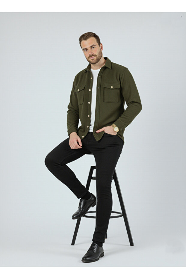 Men's Slim Button-Down Collar Double Pocket Solid Black Fleece Men's Shirt