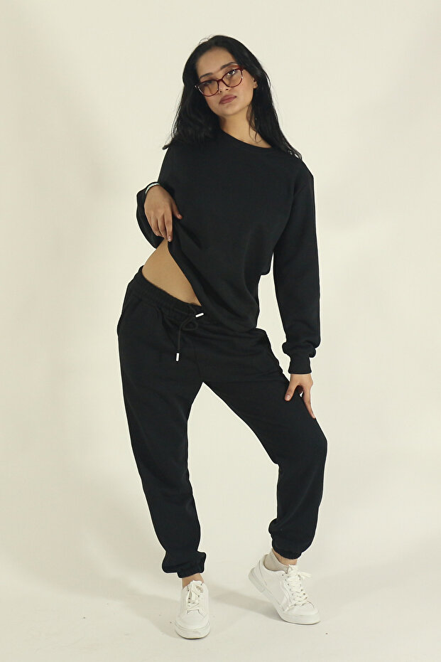 Women's Winter Fleece-Lined Tracksuit Set Crew Neck Sweatshirt Jogger-Black Regular Elasticated Leg