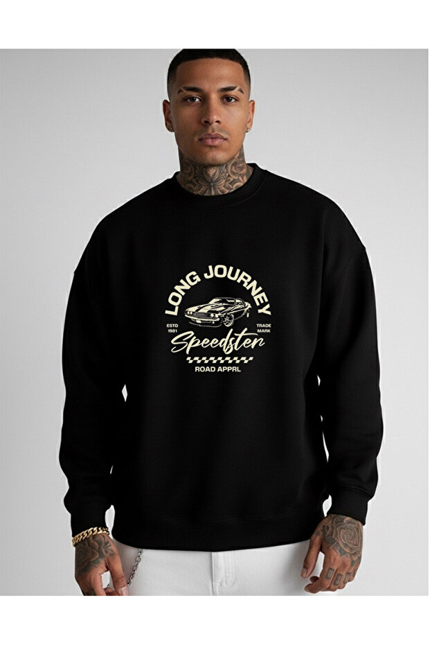 Oversized Crew Neck Black Sweatshirt Long Journey Print