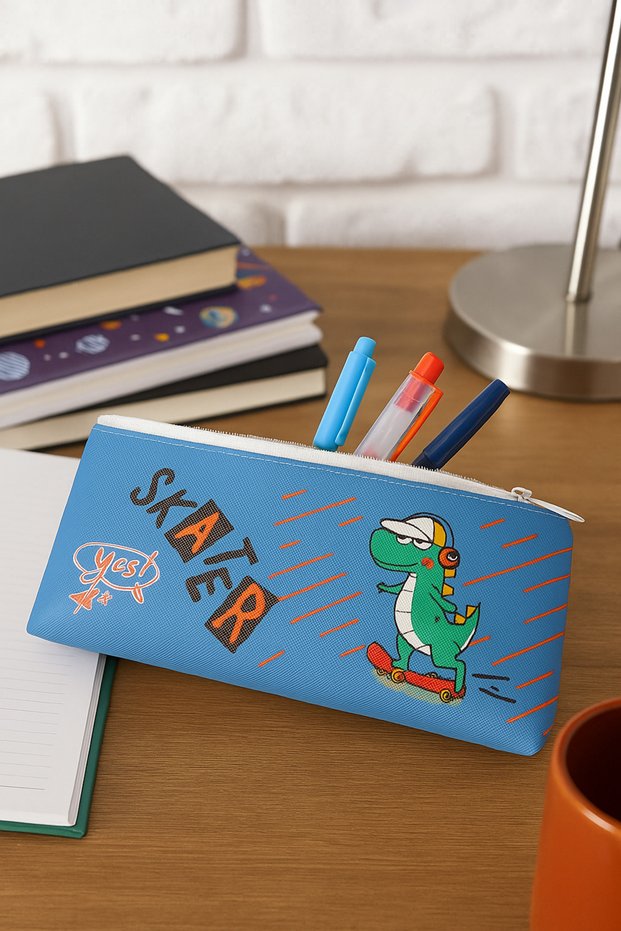 Cactus Dinosaur Patterned Skater Themed Pencil Case (21X11 cm)