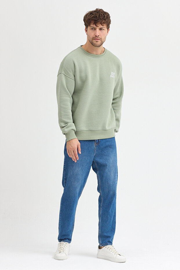 Bisiklet Yaka Nakışlı Oversize Şardonlu Basic Erkek Sweatshirt - 3