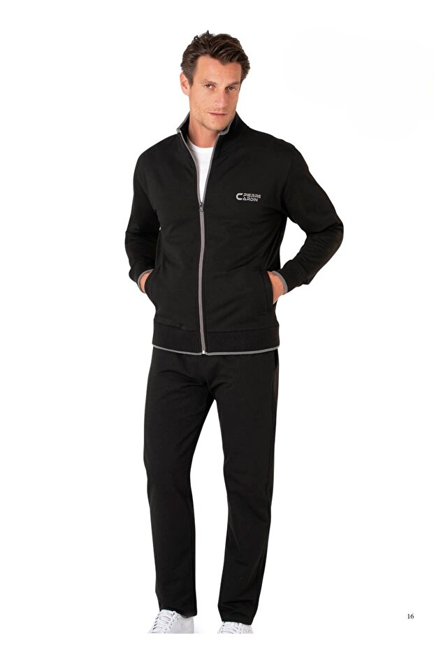 Men's Black Tracksuit with Mock Neck Zipper Pockets