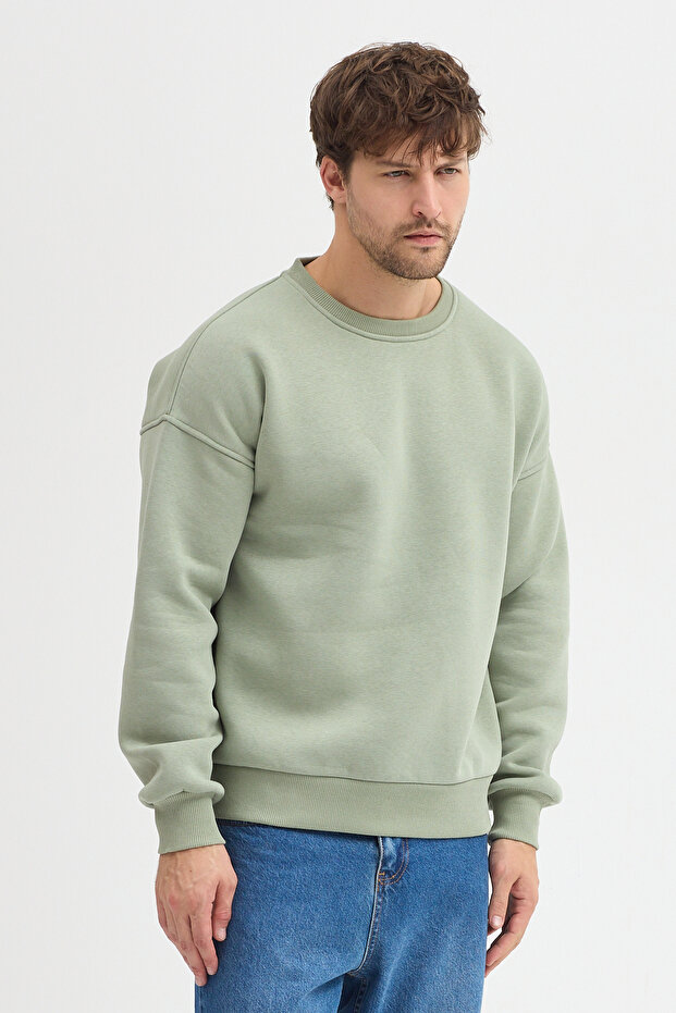 Bisiklet Yaka Oversize Şardonlu Basic Erkek Sweatshirt - 5