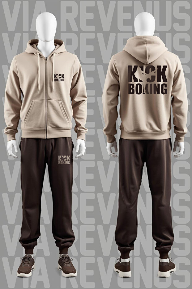 Kick Boxing Printed Zippered Hooded Cotton Tracksuit Set