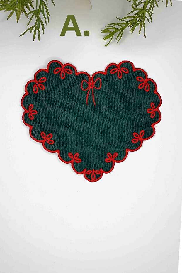 Heart Shape Nefti Green Fabric Red Embroidered Fabric Cocktail Napkin 1 Piece