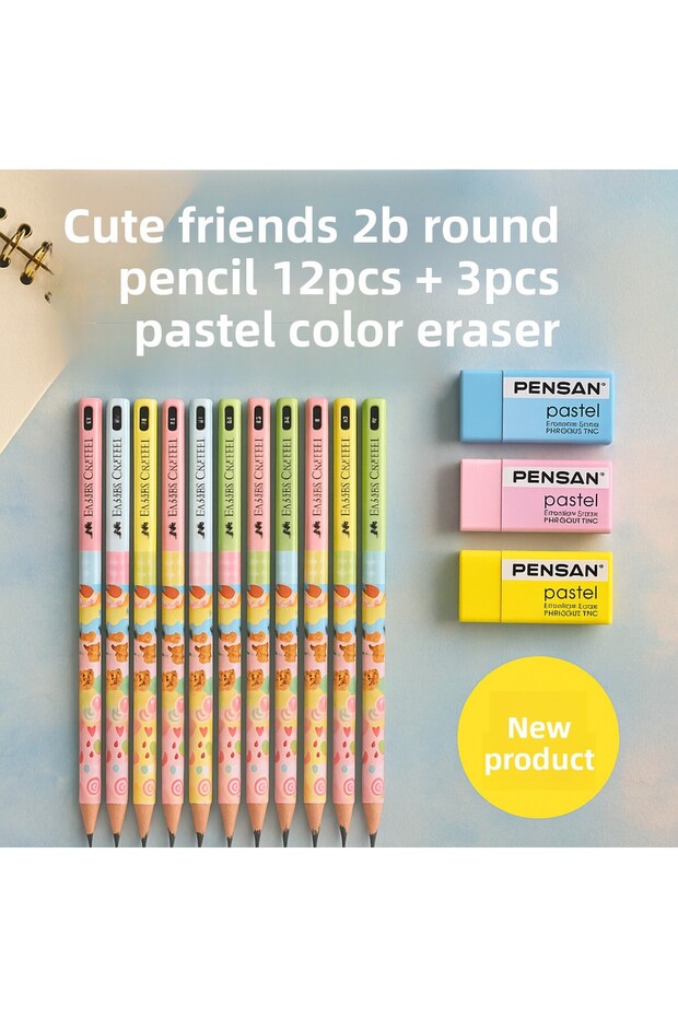 Cute Friends 2B Round Pencil 12 Pieces + 3 Pieces Pastel Color Eraser