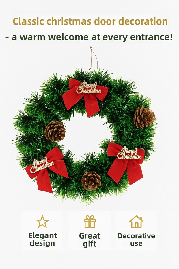 25cm Christmas Door Wreath with Red Ribbon – Christmas Wall Decor with Pine Cones Home Office Ornament