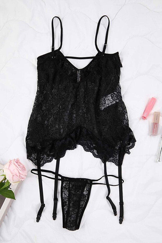 Siyah Jartiyerli Kapsız Fırfırlı Külotlu Dantel Askılı Babydoll/Fantezi Gecelik TBBAW26CS00007 - 5