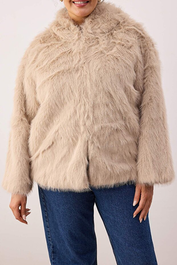 Bézs Oversize Mold kapucnis szőrme nagy méretű kabátok TWOAW26AW00000 - 3